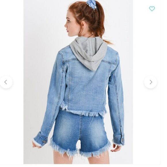 Denim Hooded Raw Cut Frayed Thrashed Destroyed Cropped Jacket Washed Blue Jeans - Picture 4 of 4